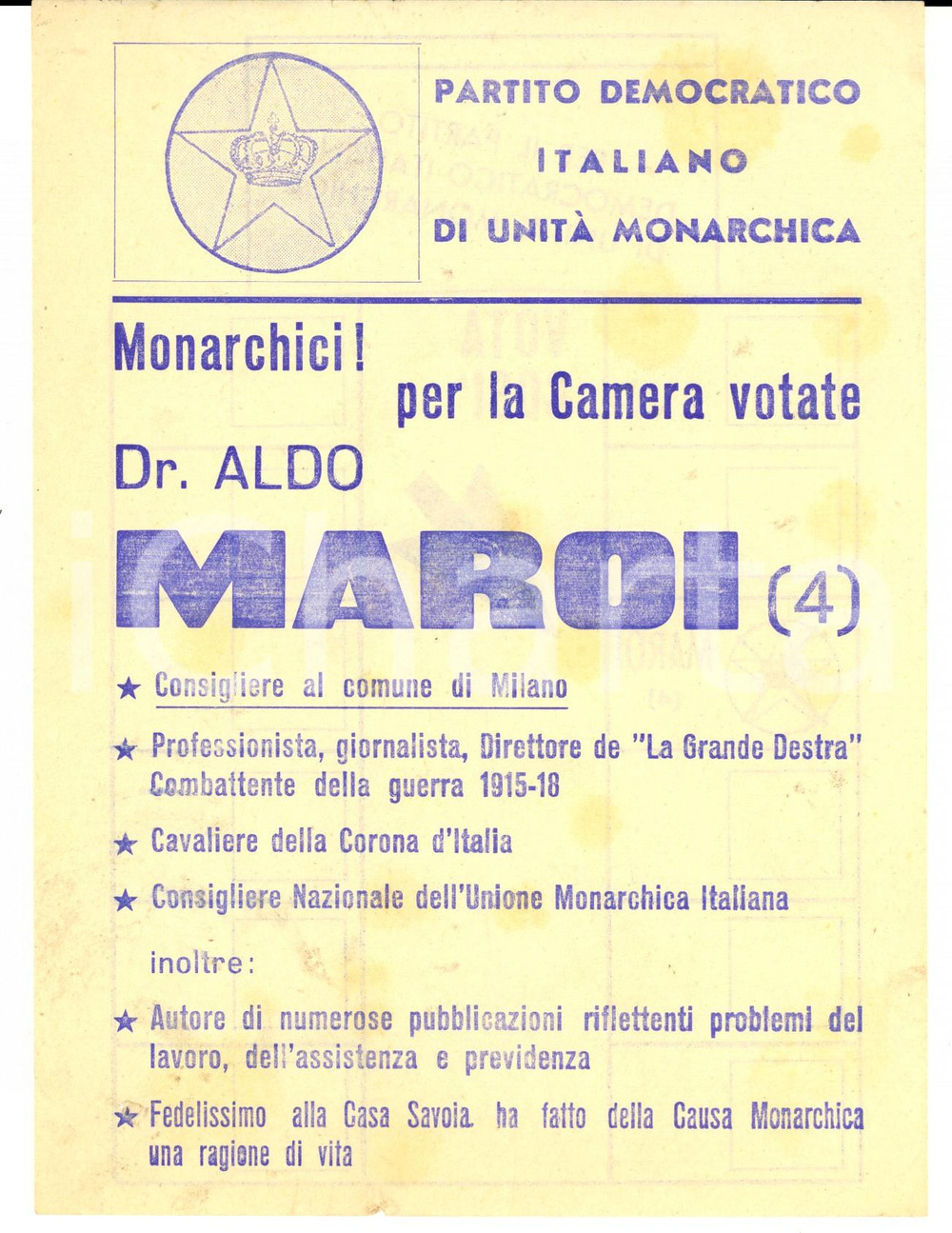 Materiale pubblicitario d’epoca 1963 MILANO PDIUM Aldo MAROI candidato alla Camera Volantino PROPAGANDA 1