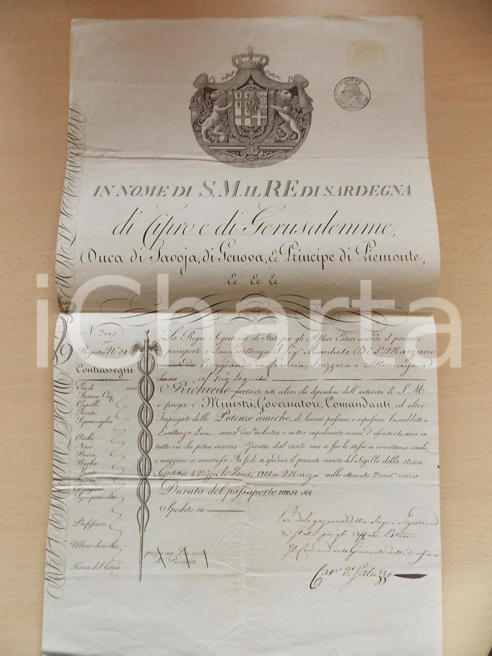 Documento originale, autentico 1821 REGNO DI SARDEGNA Lasciapassare marchese di SAN MARZANO 28x50 cm 1