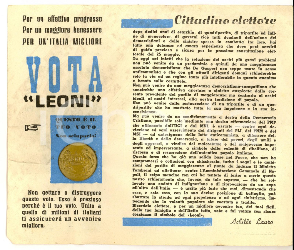 Materiale pubblicitario d’epoca 1958 ELEZIONI POLITICHE Lista LEONI PMP ACHILLE LAURO No al comunismo 1