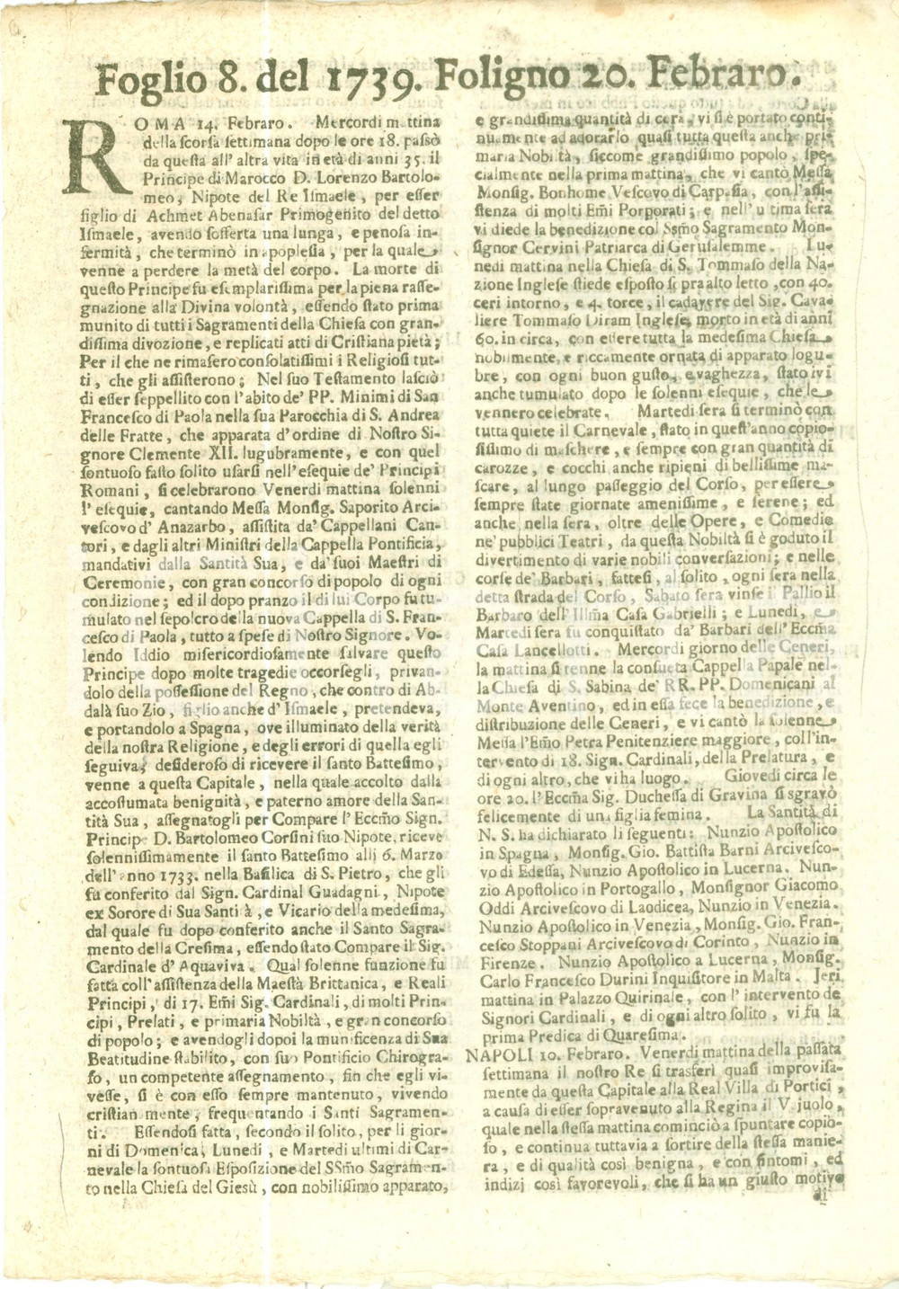 Giornale, rivista storica 1739 GIORNALE DI FOLIGNO n. 8 Morto Luigi BARTOLOMEO Principe di MAROCCO 1
