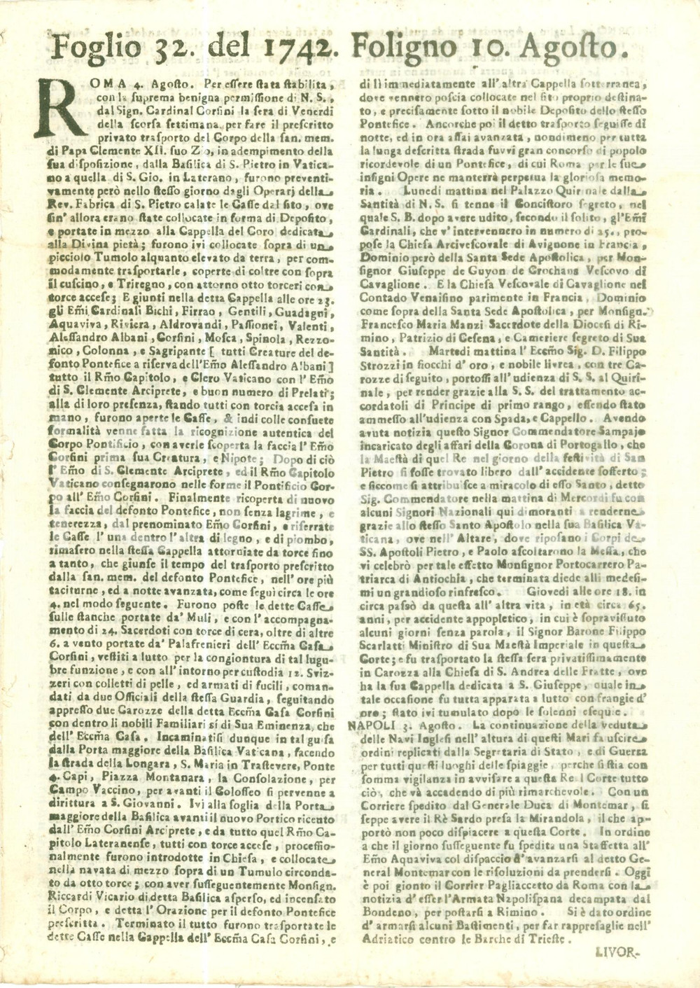 Giornale, rivista storica 1742 GIORNALE FOLIGNO 32 Traslazione salma Clemente XII San Giovanni IN LATERANO 1