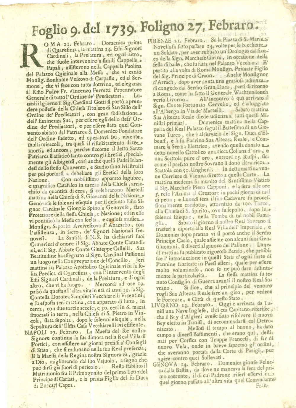 Giornale, rivista storica 1739 GIORNALE DI FOLIGNO n 9 Card. GOTTI prende possesso di San Domenico a  ROMA 1