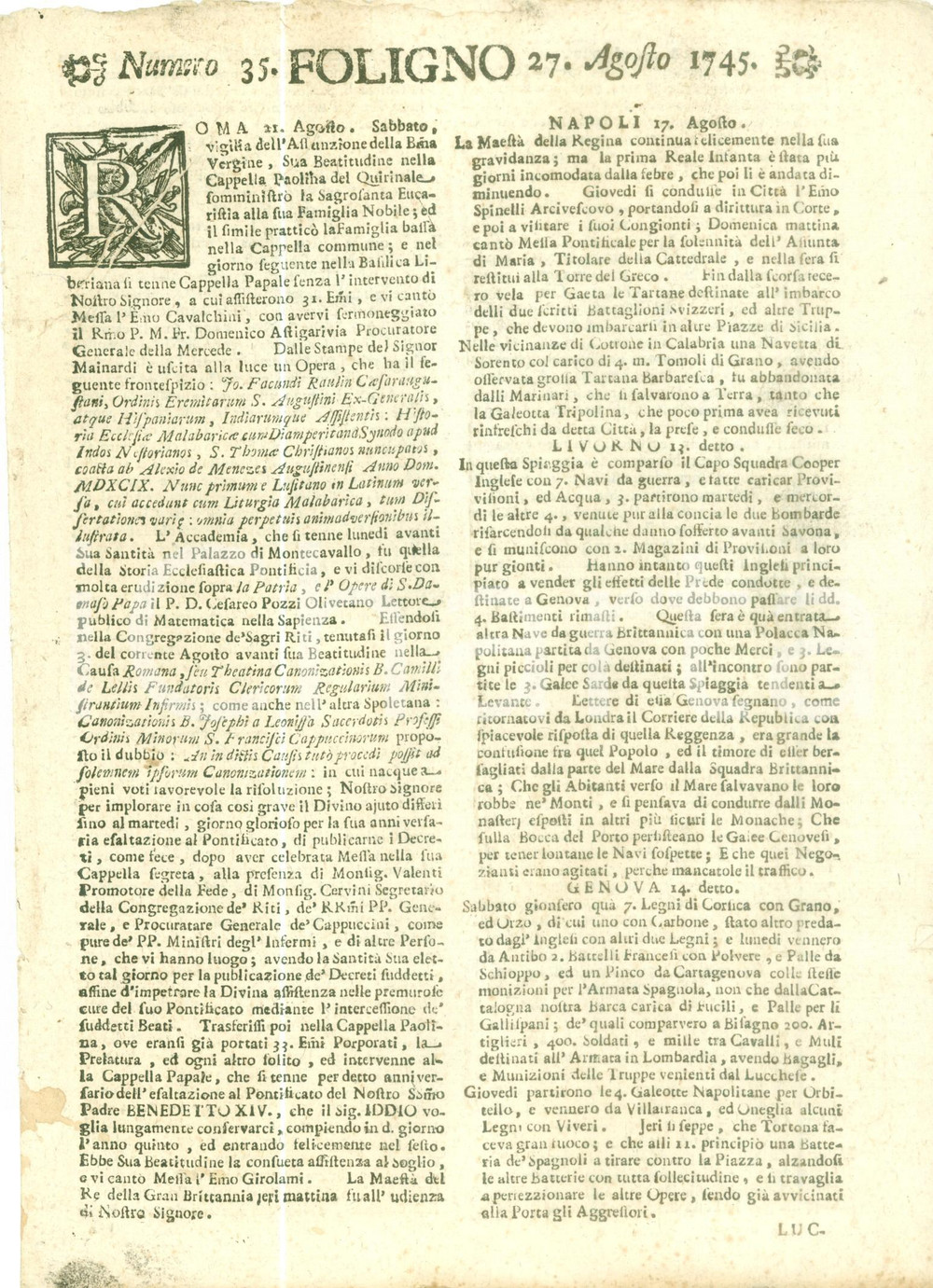 Giornale, rivista storica 1745 GIORNALE DI FOLIGNO n. 35 Notizie dal Quartier Generale AustriacoSardo 1