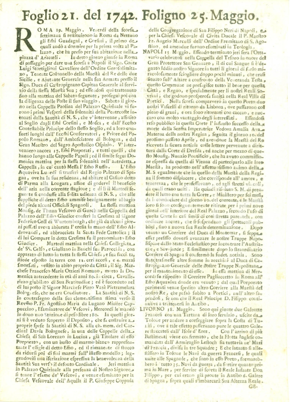 Giornale, rivista storica 1742 GIORNALE DI FOLIGNO n. 21 Si scioglie il sangue di SAN GENNARO 1