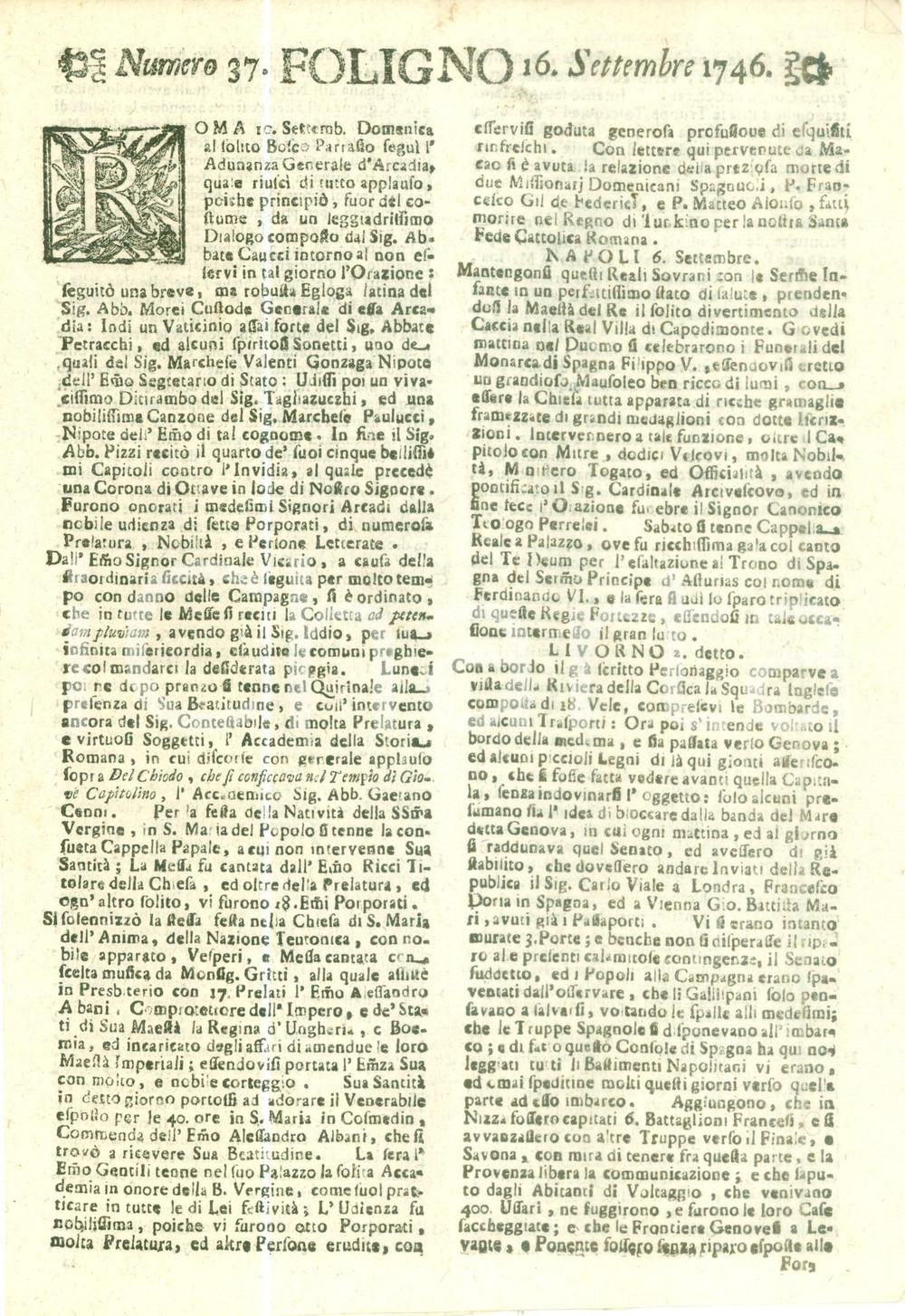 Giornale, rivista storica 1746 GIORNALE DI FOLIGNO n.37 Arrivo della flotta inglese a LIVORNO 1