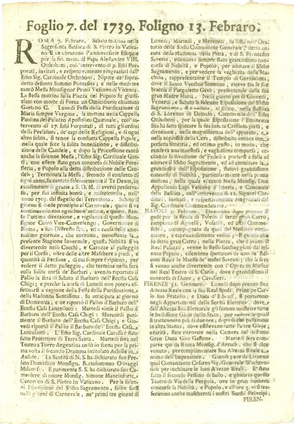 Giornale, rivista storica 1739 GIORNALE DI FOLIGNO n. 7 Cocchi e carrozze nel Corso per Carnevale a ROMA 1