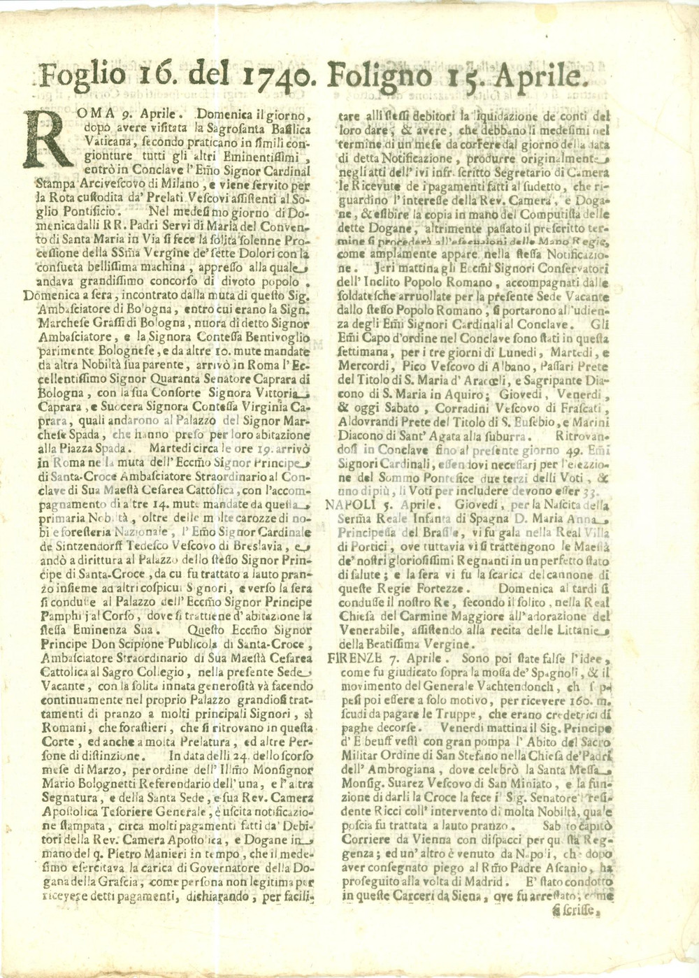 Giornale, rivista storica 1740 GIORNALE DI FOLIGNO n 16 Manovre a VIENNA su guerra tra FRANCIA e SPAGNA 1