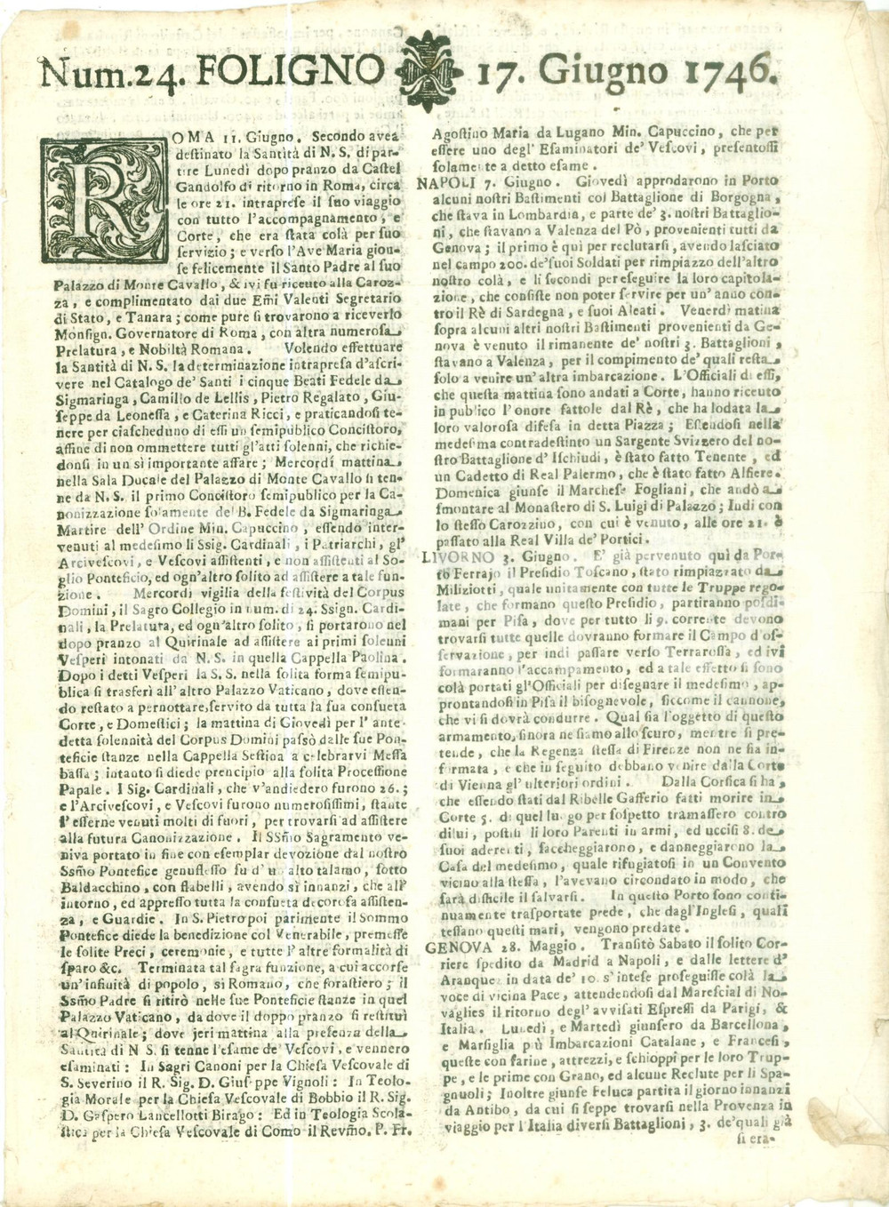 Giornale, rivista storica 1746 GIORNALE DI FOLIGNO n. 24 Benedetto XIV canonizza cinque nuovi Santi 1