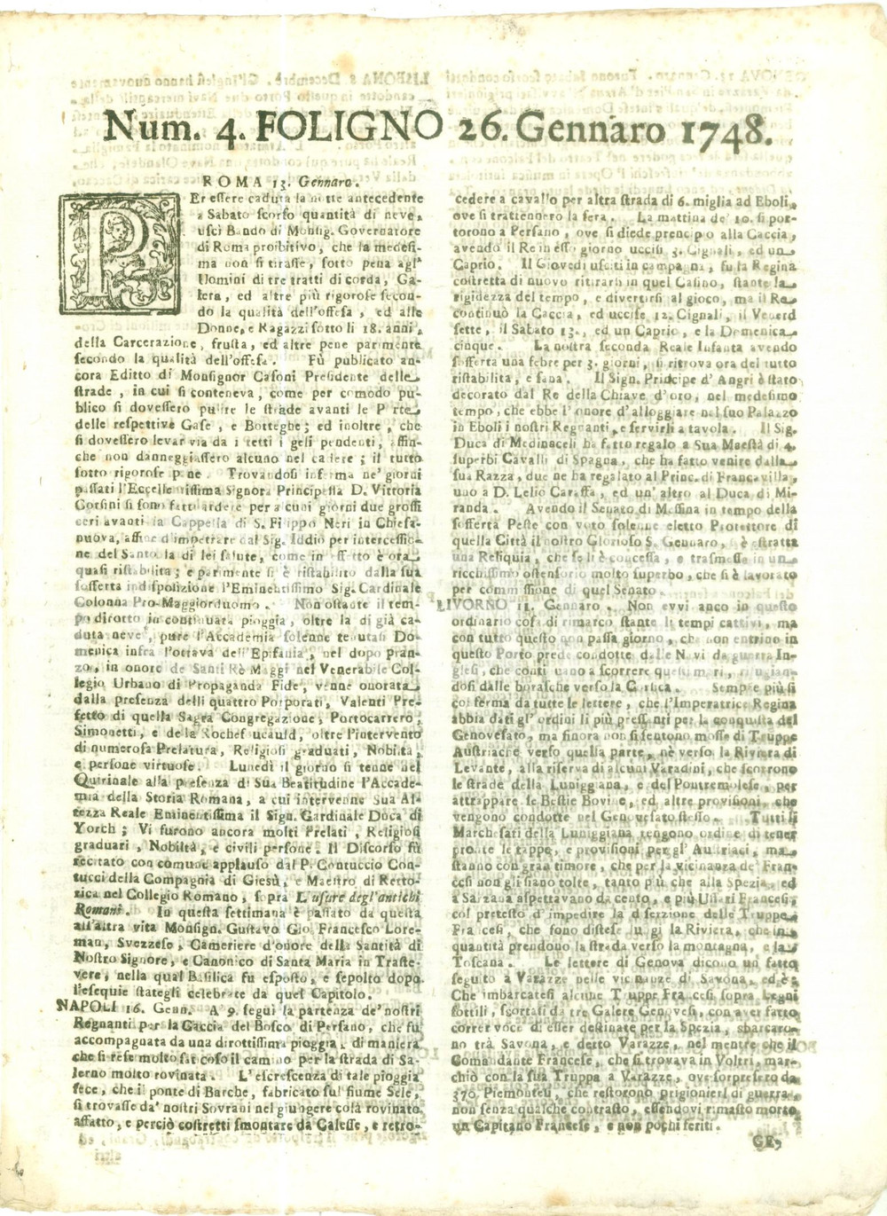 Giornale, rivista storica 1748 GIORNALE DI FOLIGNO n. 4 Non passa giorno senza navi da guerra a LIVORNO 1