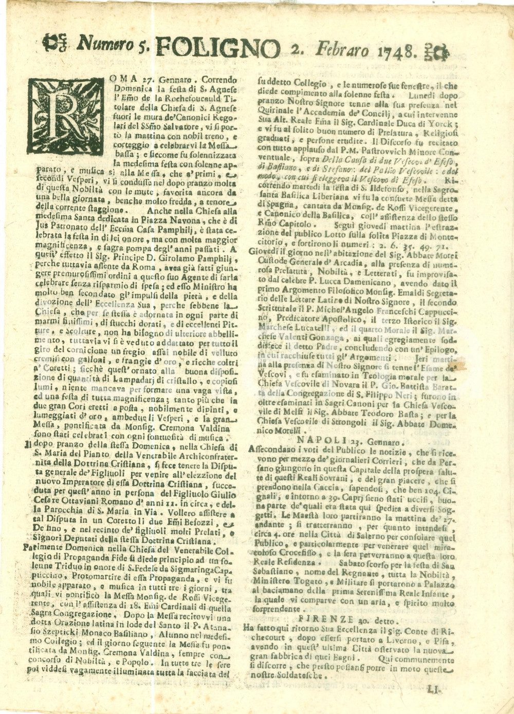 Giornale, rivista storica 1748 GIORNALE DI FOLIGNO n. 5 Celebrata con sfarzo la festa di SANT AGNESE 1