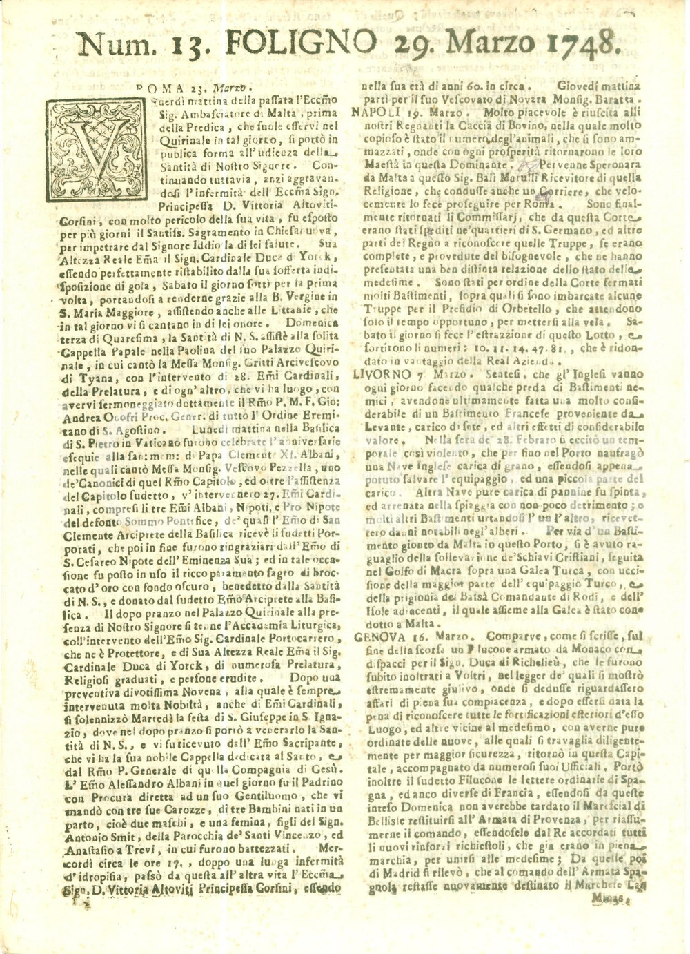 Giornale, rivista storica 1748 GIORNALE DI FOLIGNO n. 13 Inglesi fanno preda di bastimeni a LIVORNO 1