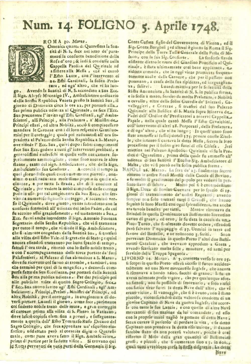Giornale, rivista storica 1748 GIORNALE DI FOLIGNO n. 14 Mercantile inglese incendiata al porto di LIVORNO 1