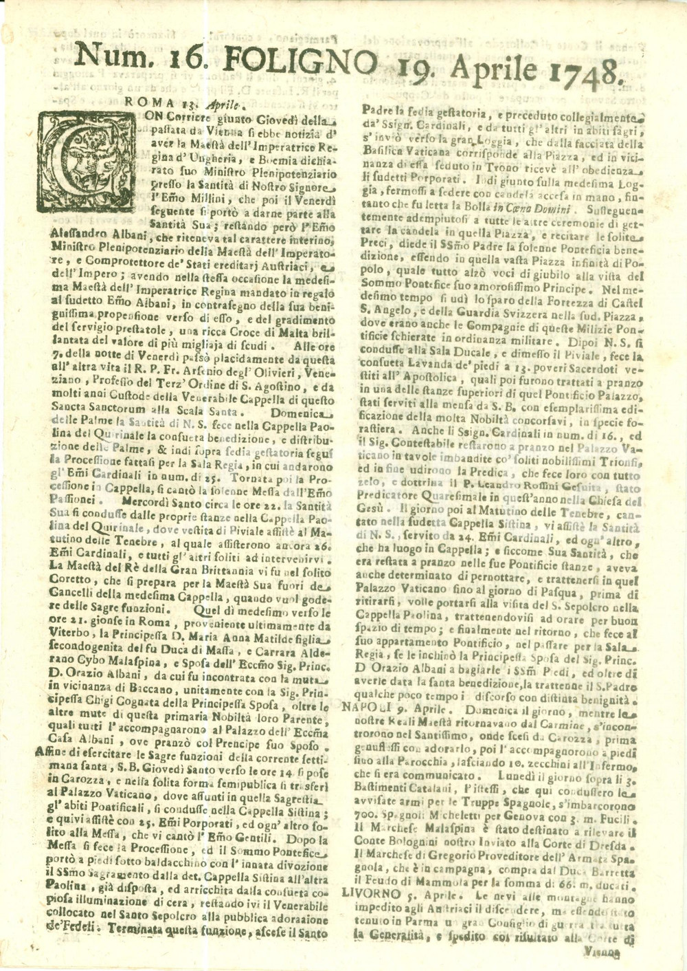 Giornale, rivista storica 1748 GIORNALE DI FOLIGNO n. 16 Benedetto XIV celebra la Settimana Santa 1