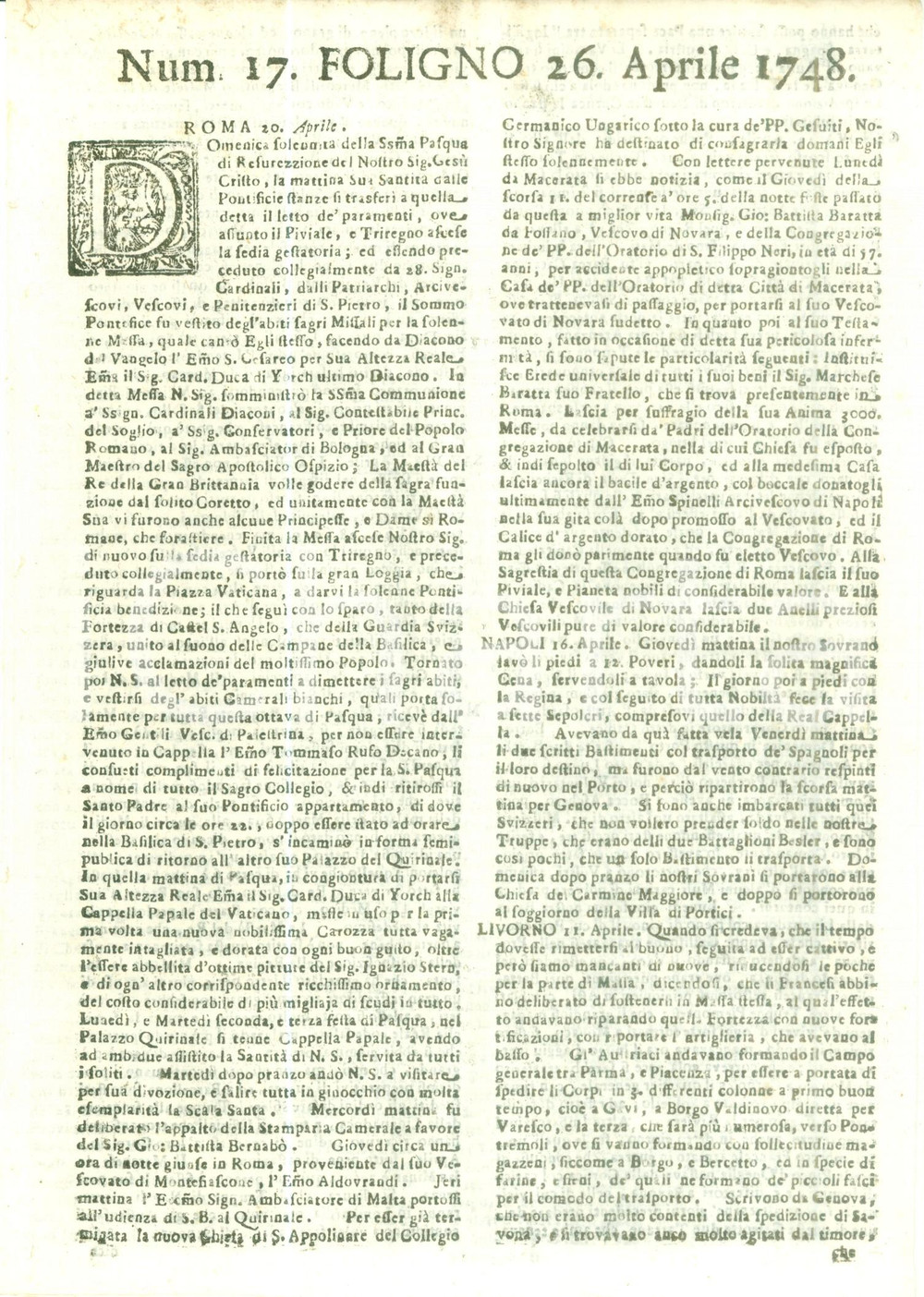Giornale, rivista storica 1748 GIORNALE DI FOLIGNO n. 17 Benedetto XIV celebra la Pasqua di Resurrezione 1