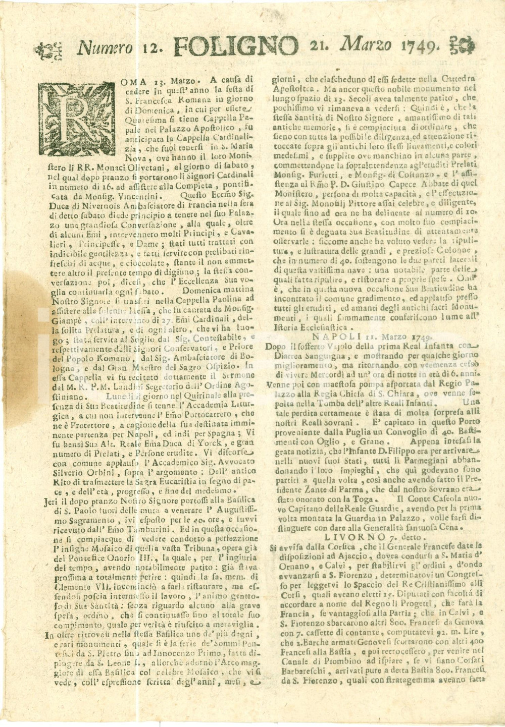 Giornale, rivista storica 1749 GIORNALE DI FOLIGNO n. 12 Ultimato Mosaico Basilica SAN PAOLO FUORI LE MURA 1