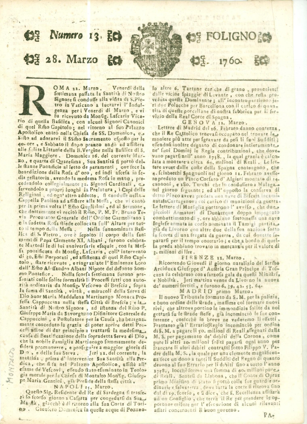 Giornale, rivista storica 1760 GIORNALE DI FOLIGNO n. 13 Disastrosi terremoti devastano la SIRIA 1