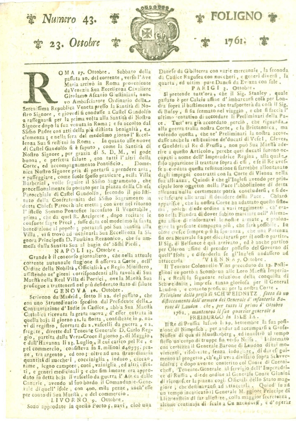 Giornale, rivista storica 1761 GIORNALE DI FOLIGNO n. 43 Lista dei prigionieri prussiani e delle armi 1