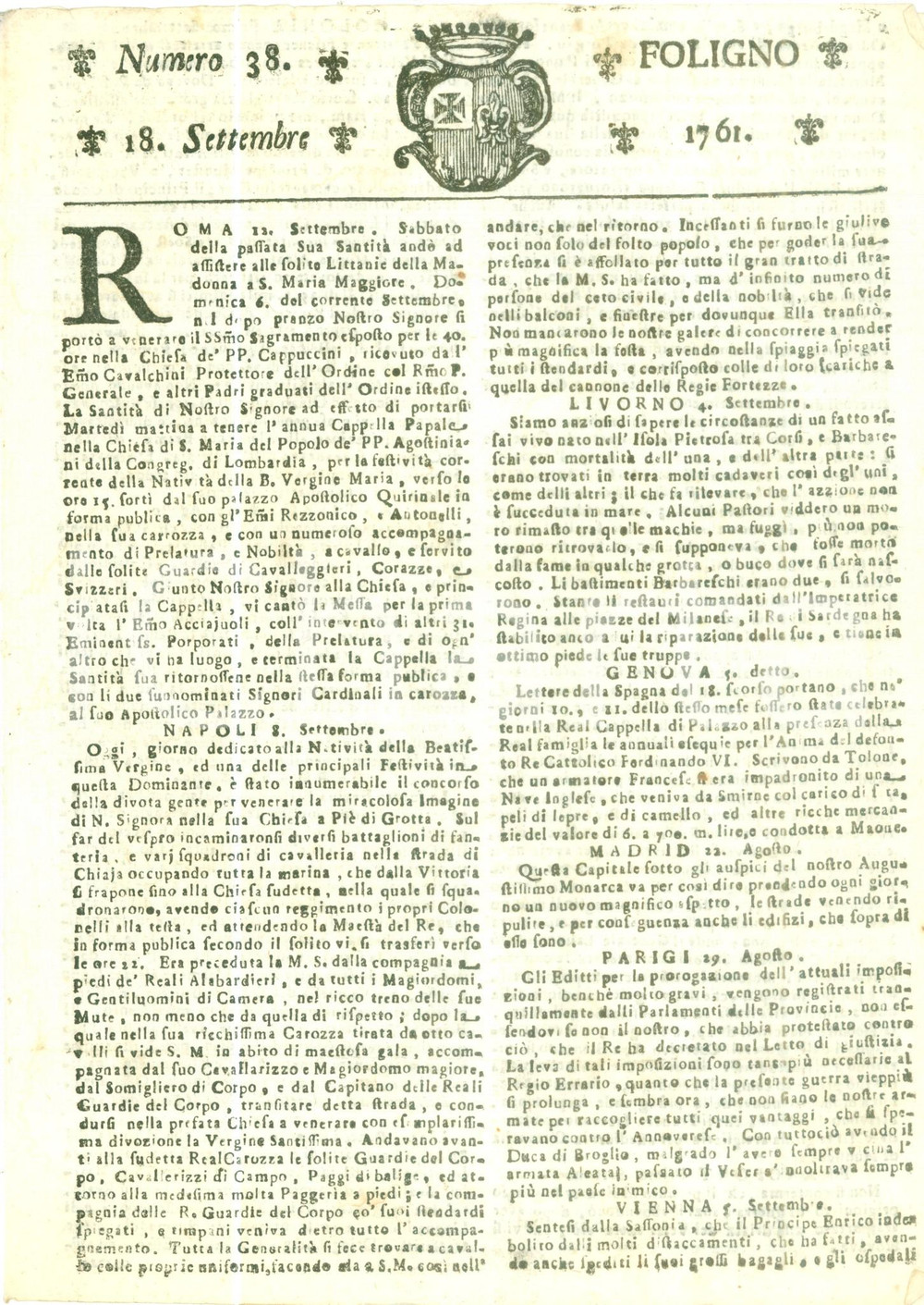 Giornale, rivista storica 1761 GIORNALE DI FOLIGNO n. 38 Folla immensa per Santa maria di PIEDIGROTTA 1
