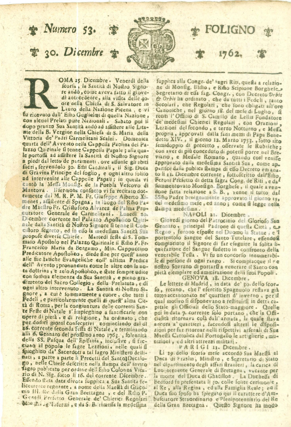 Giornale, rivista storica 1762 GIORNALE DI FOLIGNO n. 53 Celebrazioni Pontificie per AVVENTO e NATALE 1