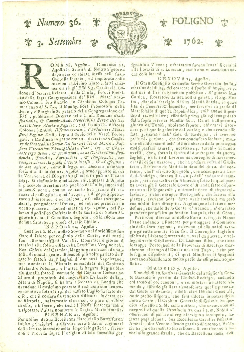 Giornale, rivista storica 1762 GIORNALE DI FOLIGNO n. 36 Nuove manovre in EUROPA per Guerra dei Sette Anni 1