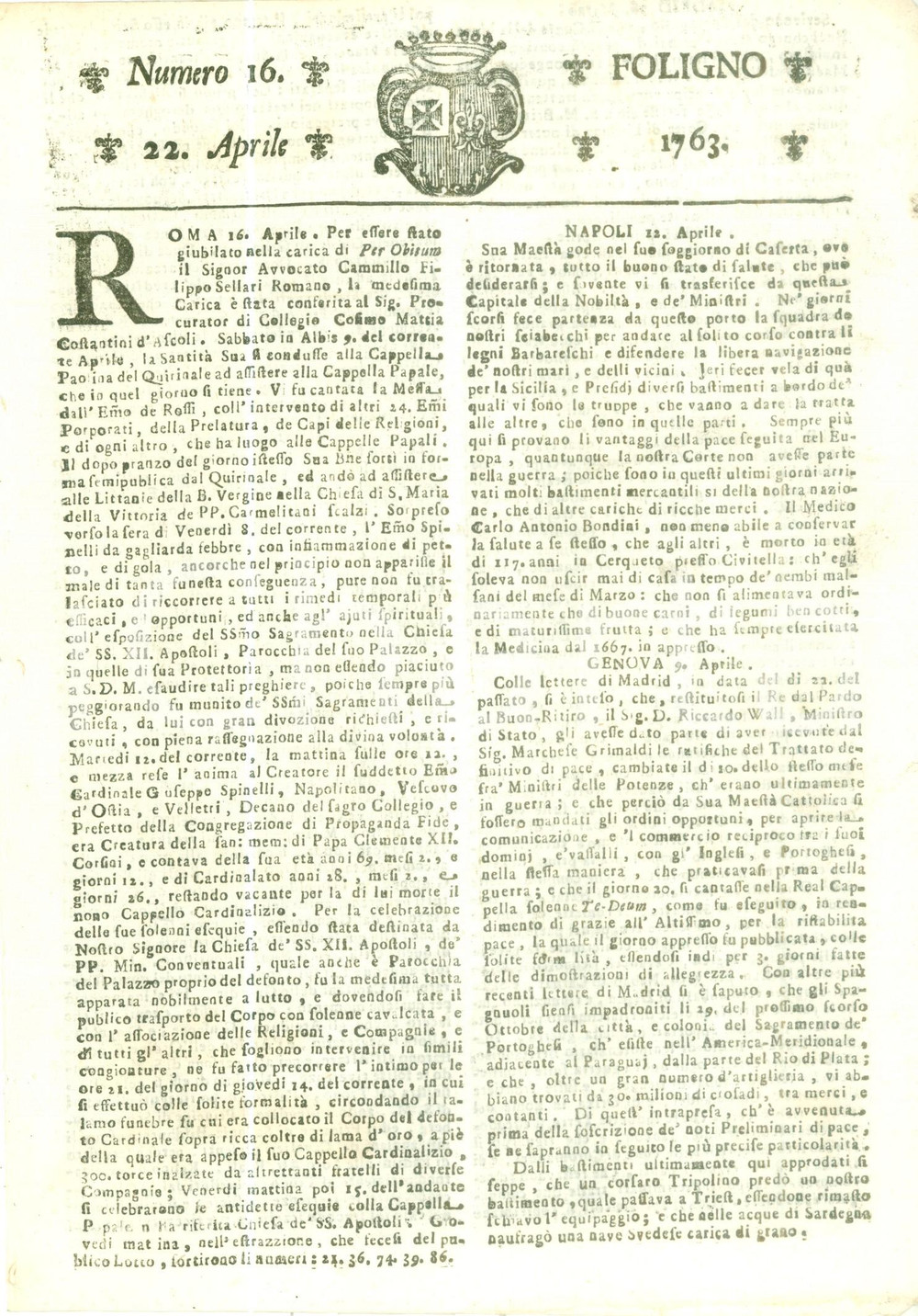 Giornale, rivista storica 1763 GIORNALE DI FOLIGNO n. 16 Ferdinando e Massimiliano ASBURGO nuovi arciduchi 1