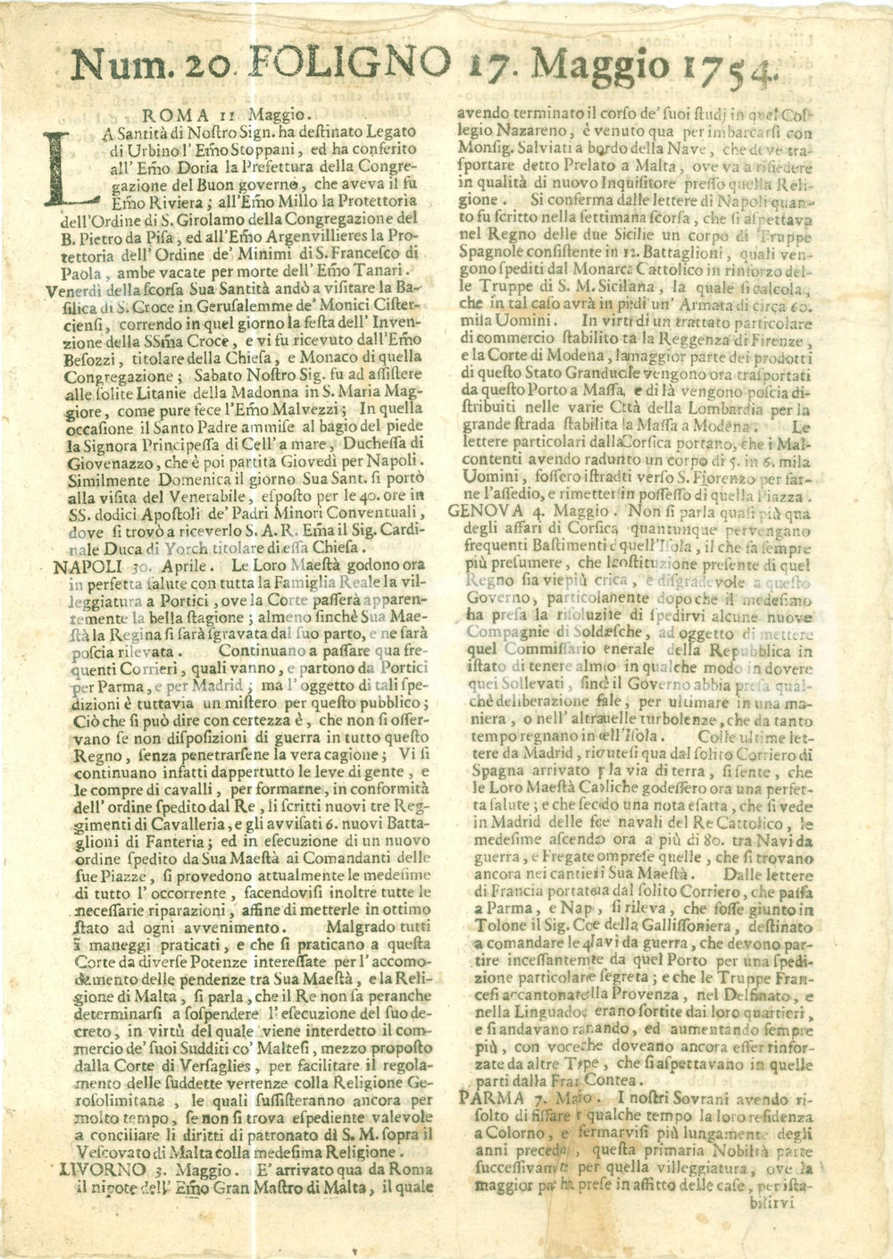 Giornale, rivista storica 1754 GIORNALE DI FOLIGNO n. 20 La Macchina parlante mostrata al Re di FRANCIA 1
