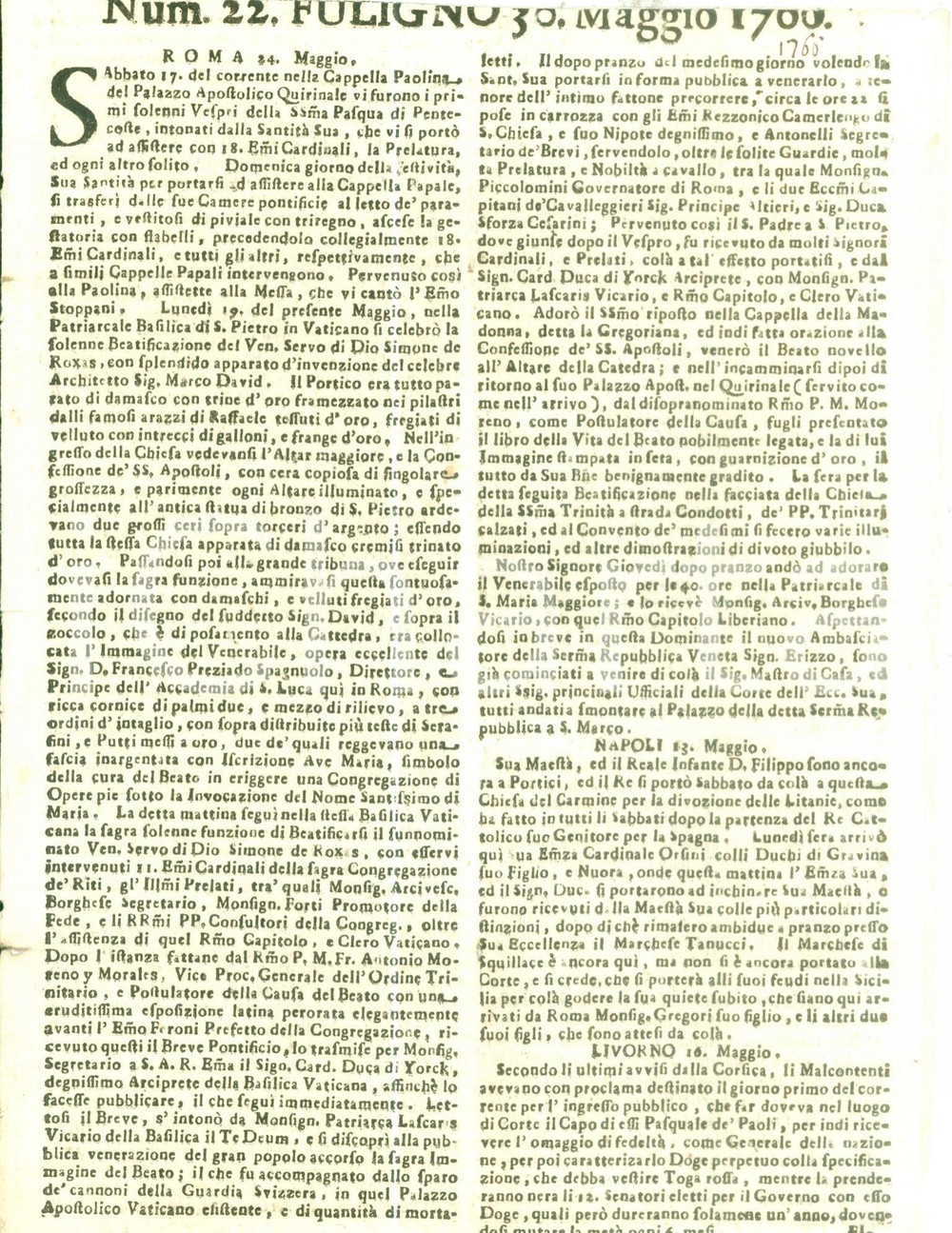 Giornale, rivista storica 1766 GIORNALE DI FOLIGNO n 22 Beatificazione Simone DE ROXAS DANNEGGIATO 1