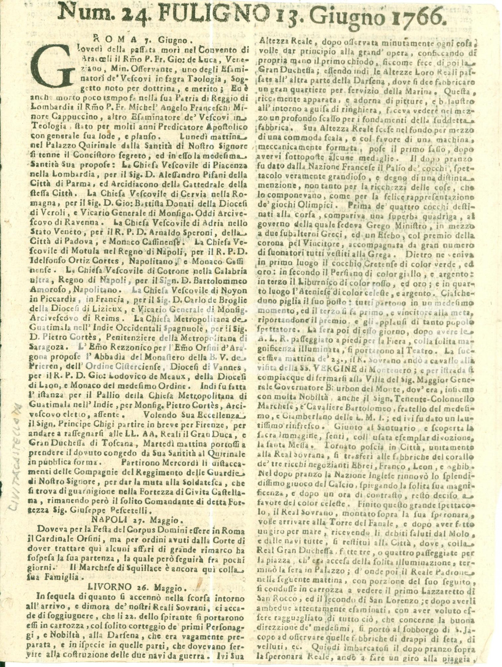 Giornale, rivista storica 1766 GIORNALE DI FOLIGNO n 24 Giochi e cerimonie per la visita dei Reali Sovrani 1