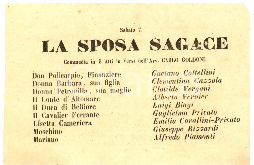 Materiale pubblicitario d’epoca 1862 FIRENZE TEATRO NICCOLINI La sposa sagace  Cesare DONDINI Locandina 1
