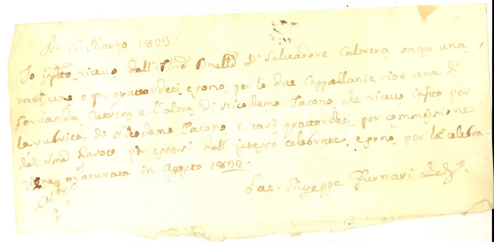 Documento originale, autentico 1822 RAGUSA ? Ricevuta sacerdote Giuseppe FURNARI per messe cappellanie 1