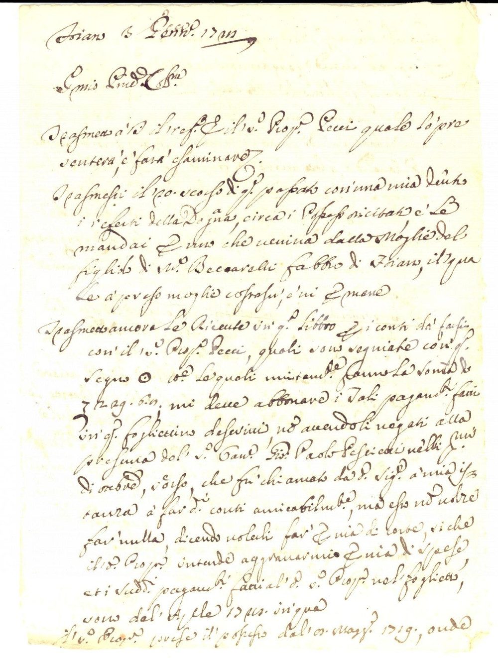 Manoscritto, lettera originale 1728 FIANO ROMANO Agente Virgilio Giulio su trasmissione conti famiglia PECCI 1