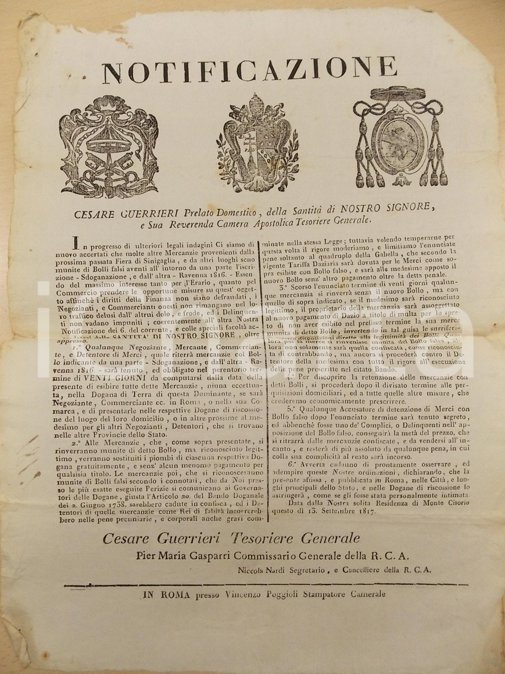 Documento originale, autentico 1817 STATO PONTIFICIO Contro i bolli falsi alla Fiera di SENIGALLIA Manifesto 1