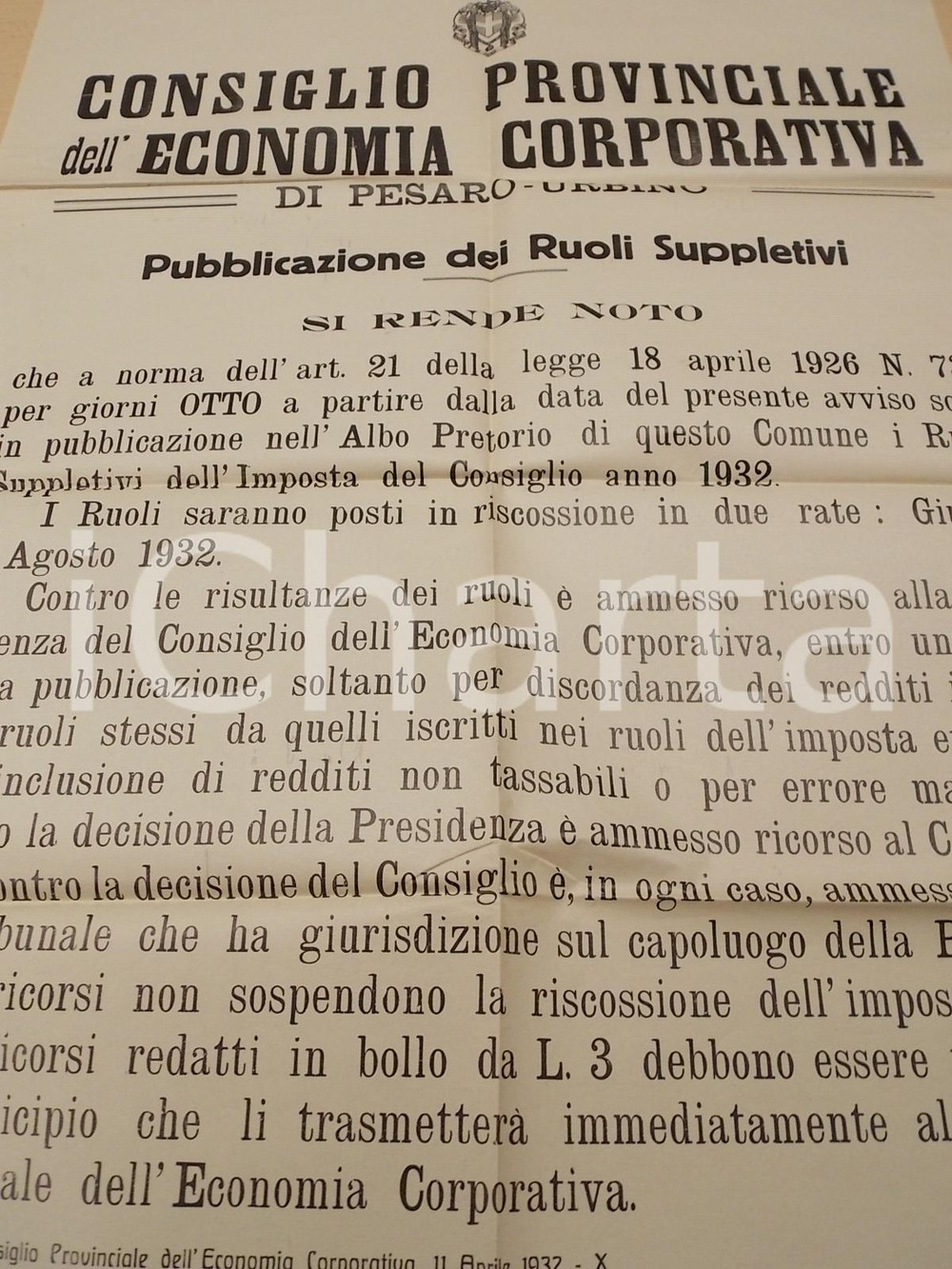 Documento originale, autentico 1932 PESARO Pubblicazione ruoli suppletivi Imposta Consiglio Manifesto 50x70 1