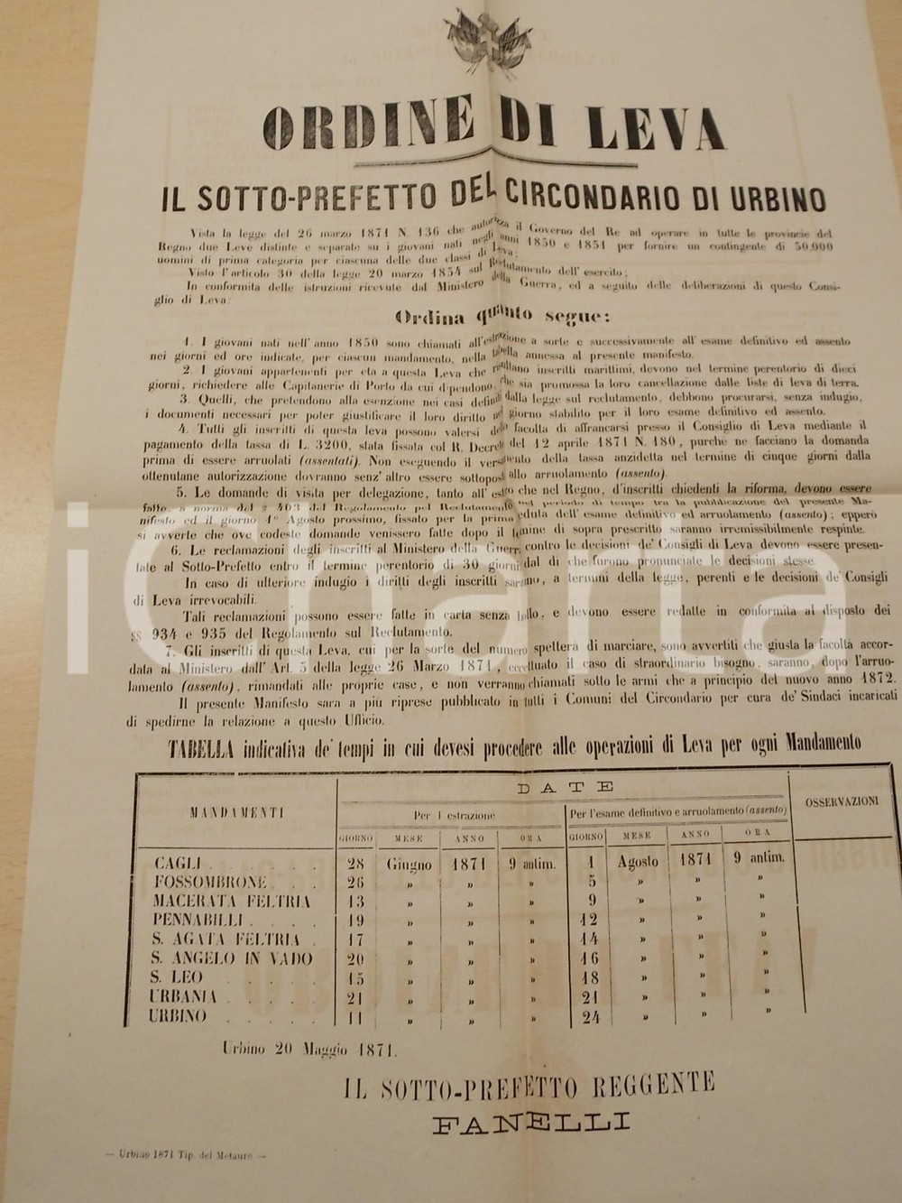 Documento originale, autentico 1871 REGNO D ITALIA URBINO Leva sui giovani nati nel 1850  Manifesto 35x60 cm 1