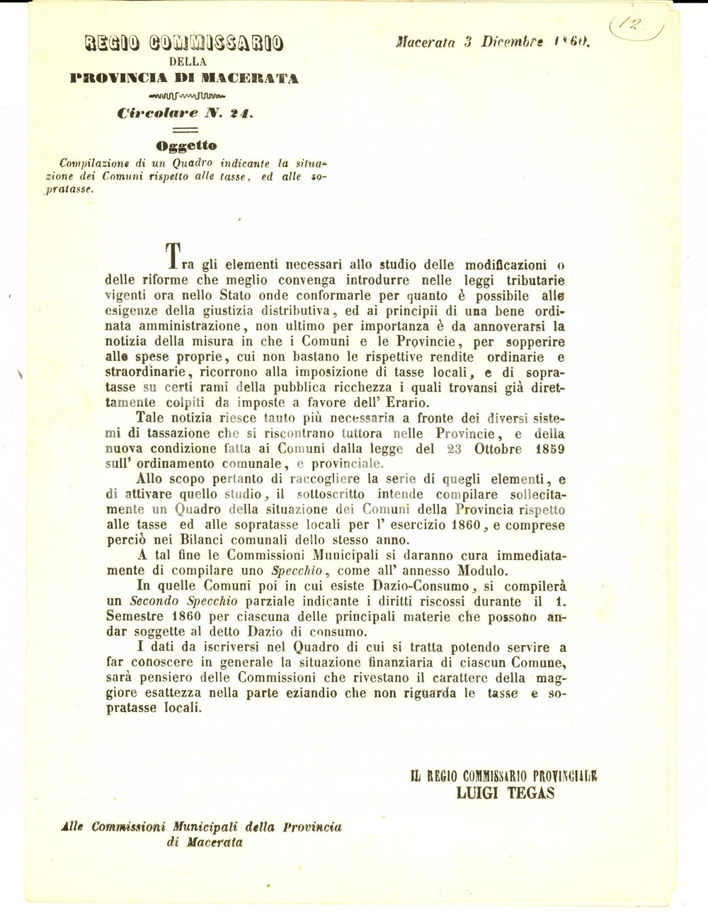 Documento originale, autentico 1860 MACERATA Compilazione quadro su imposte comunali Lettera circolare 1