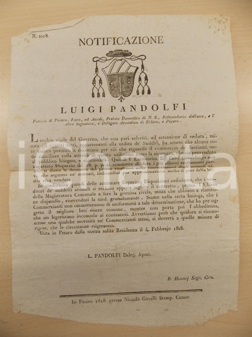 Documento originale, autentico 1818 STATO PONTIFICIO PESARO Sul peso delle bestie vive nei mercati Manifesto 1