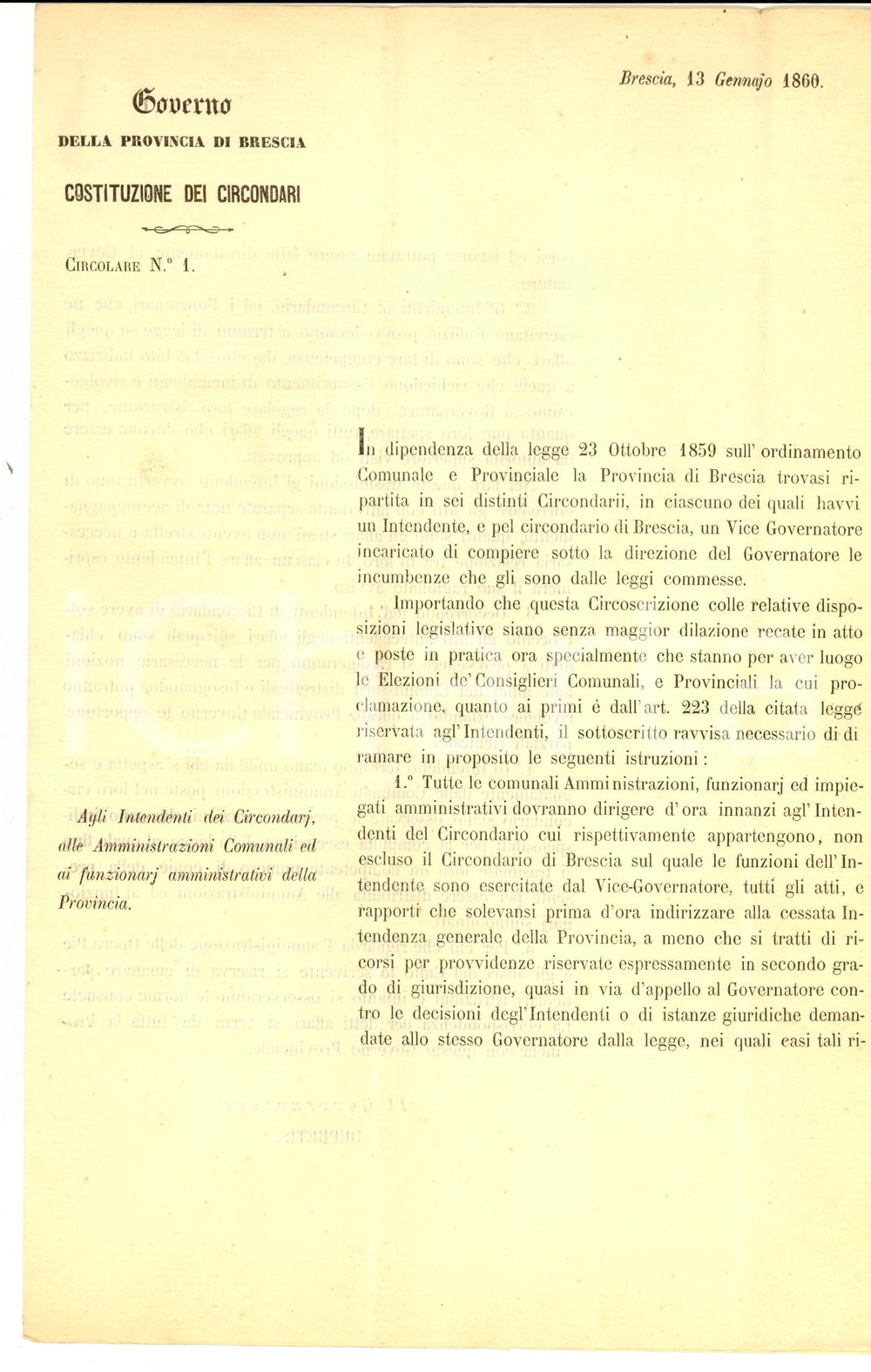 Documento originale, autentico 1860 BRESCIA Governo della Provincia  Lettera su costituzione circondari 1