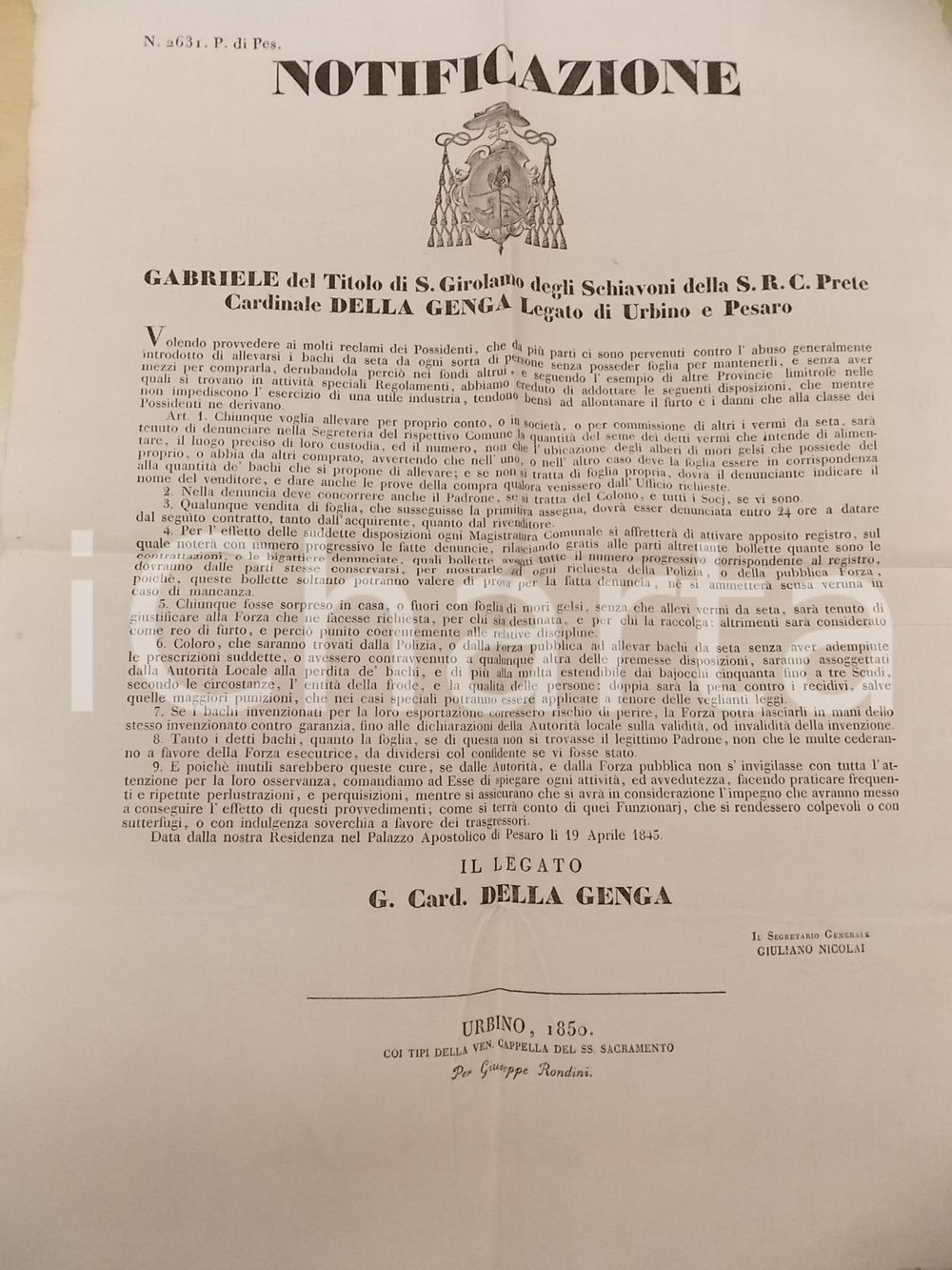 Documento originale, autentico 1845 STATO PONTIFICIO PESARO Denuncia per allevamento bachi da seta MANIFESTO 1