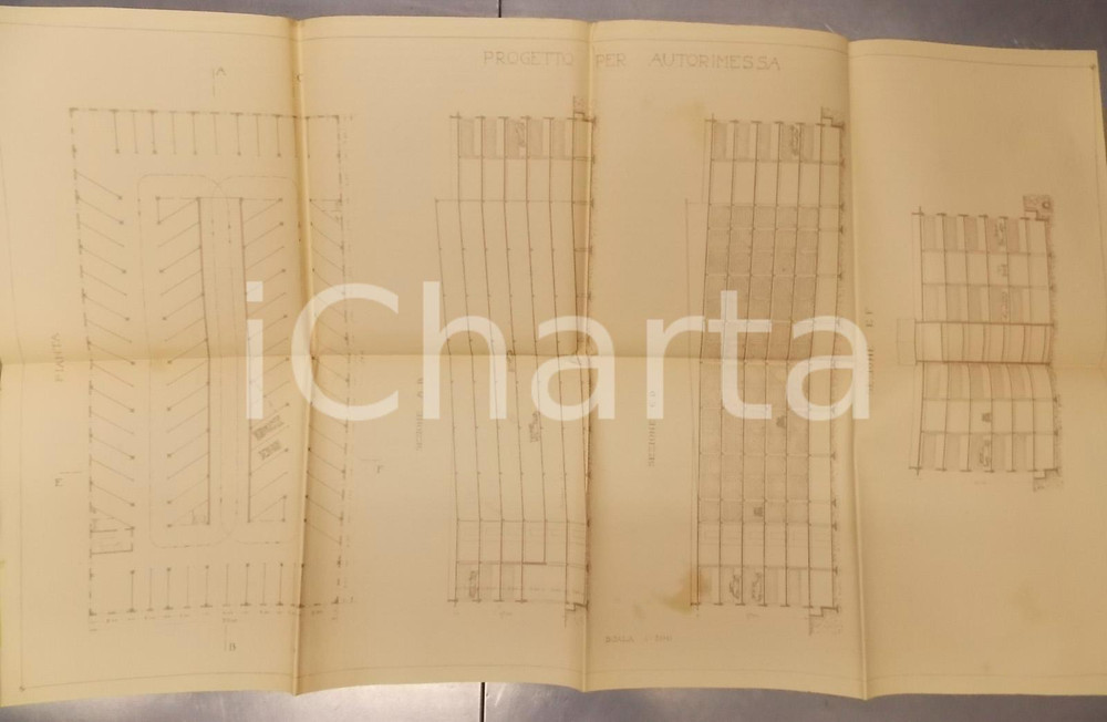Mappa, planimetria storica 1930 ca MILANO Progetto per autorimessa 80x50 cm RARO 1