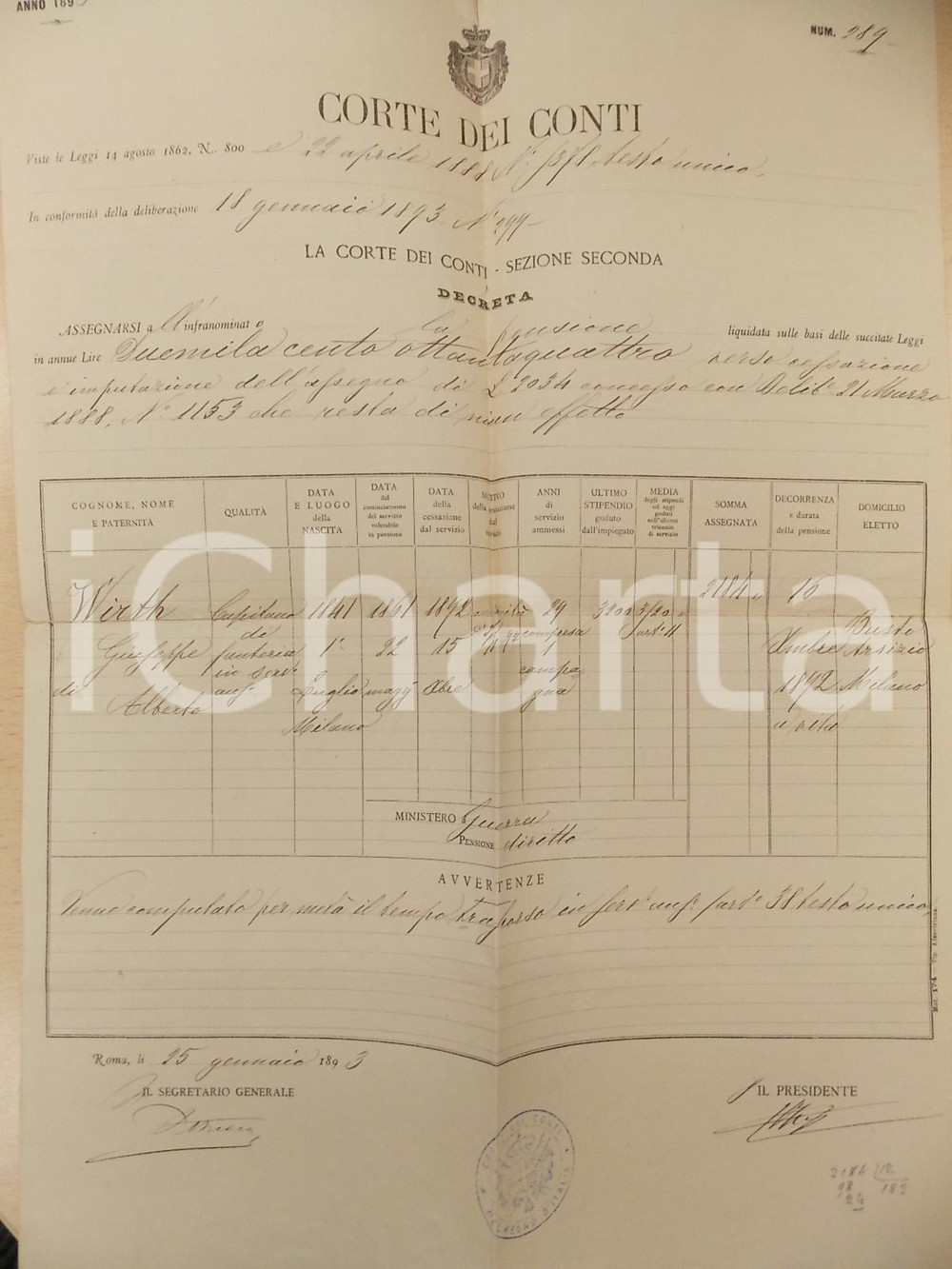 Documento originale, autentico 1893 ROMA CORTE DEI CONTI Decreto su pensione al capitano Giuseppe WIRTH 33x45 1