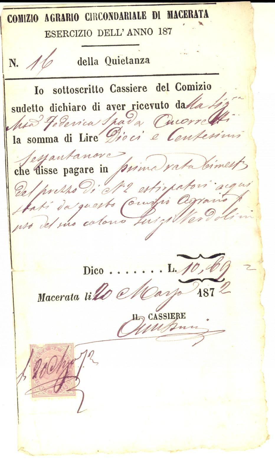 Documento originale, autentico 1872 MACERATA Comizio Agrario Circondariale  Ricevuta per estirpatori 1