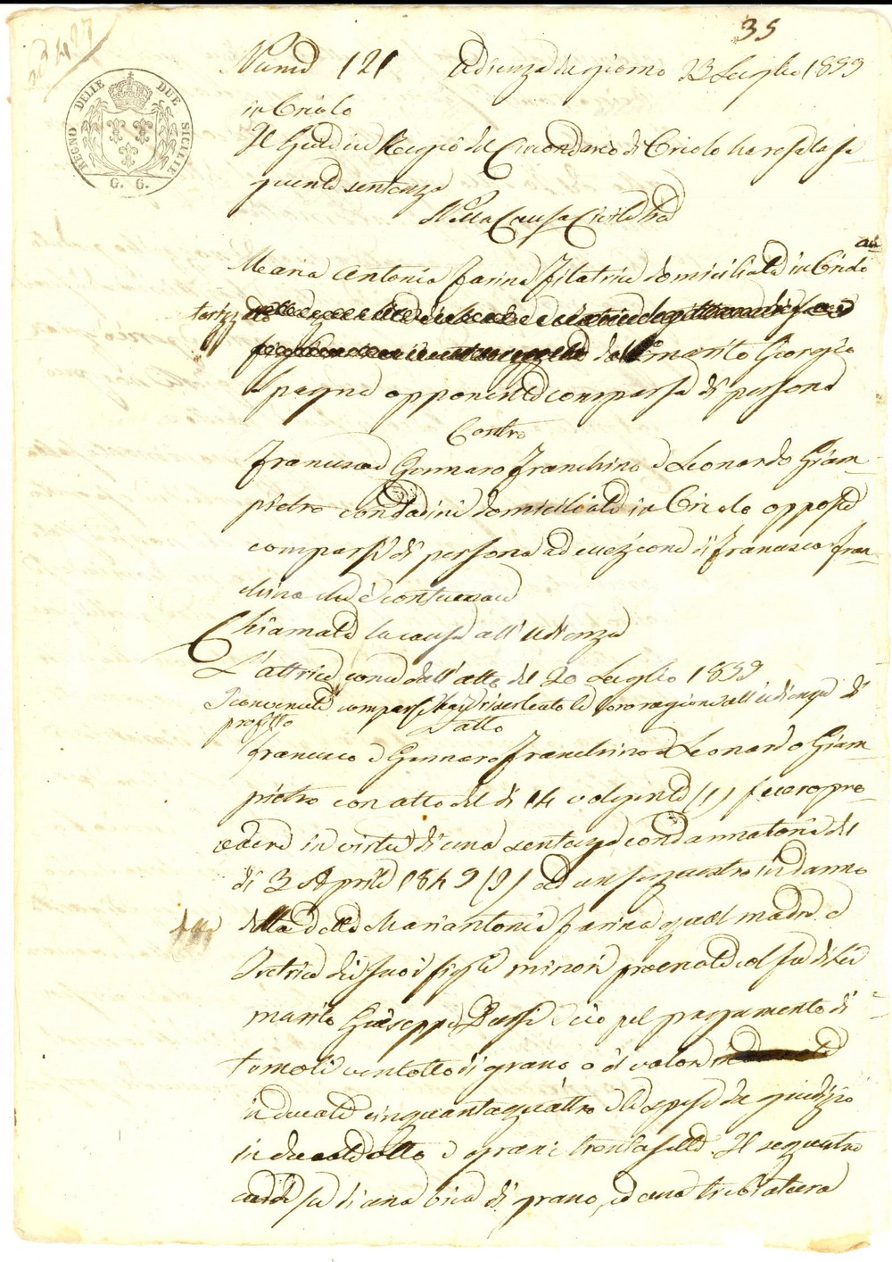 Documento originale, autentico 1859 ORIOLO CS Maria Antonia FARINA vs Francesca GENNARO per pagamento grano 1