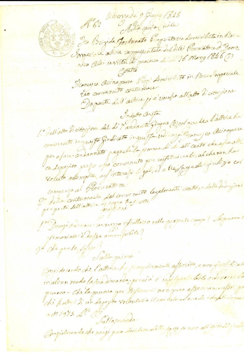 Documento originale, autentico 1848 ROCCA IMPERIALE CS Causa Brigida FORTUNATO contro i fratelli ACINAPURA 1