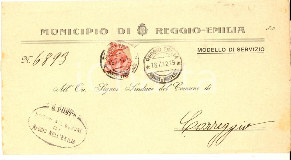 Documento originale, autentico 1912 STORIA POSTALE REGGIO EMILIA Modello di servizio viaggiato 10 cent. 1