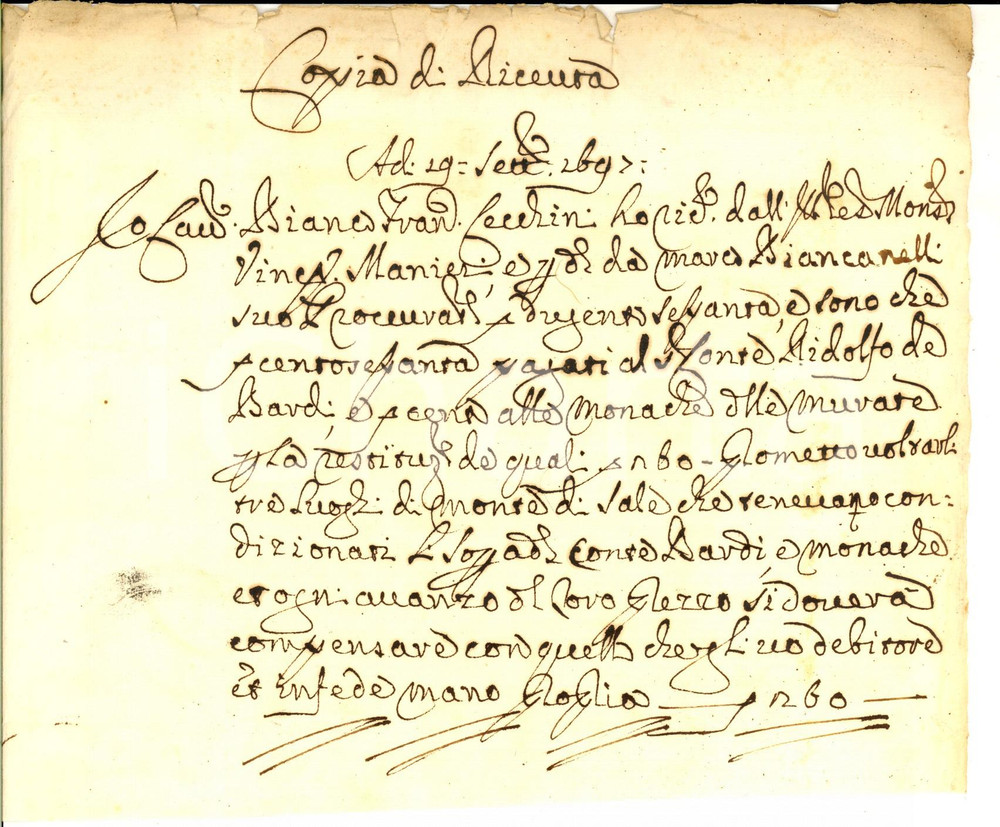 Documento originale, autentico 1697 FIRENZE Francesco CECCHINI riceve saldo pro conte Ridolfo de  BARDI 1