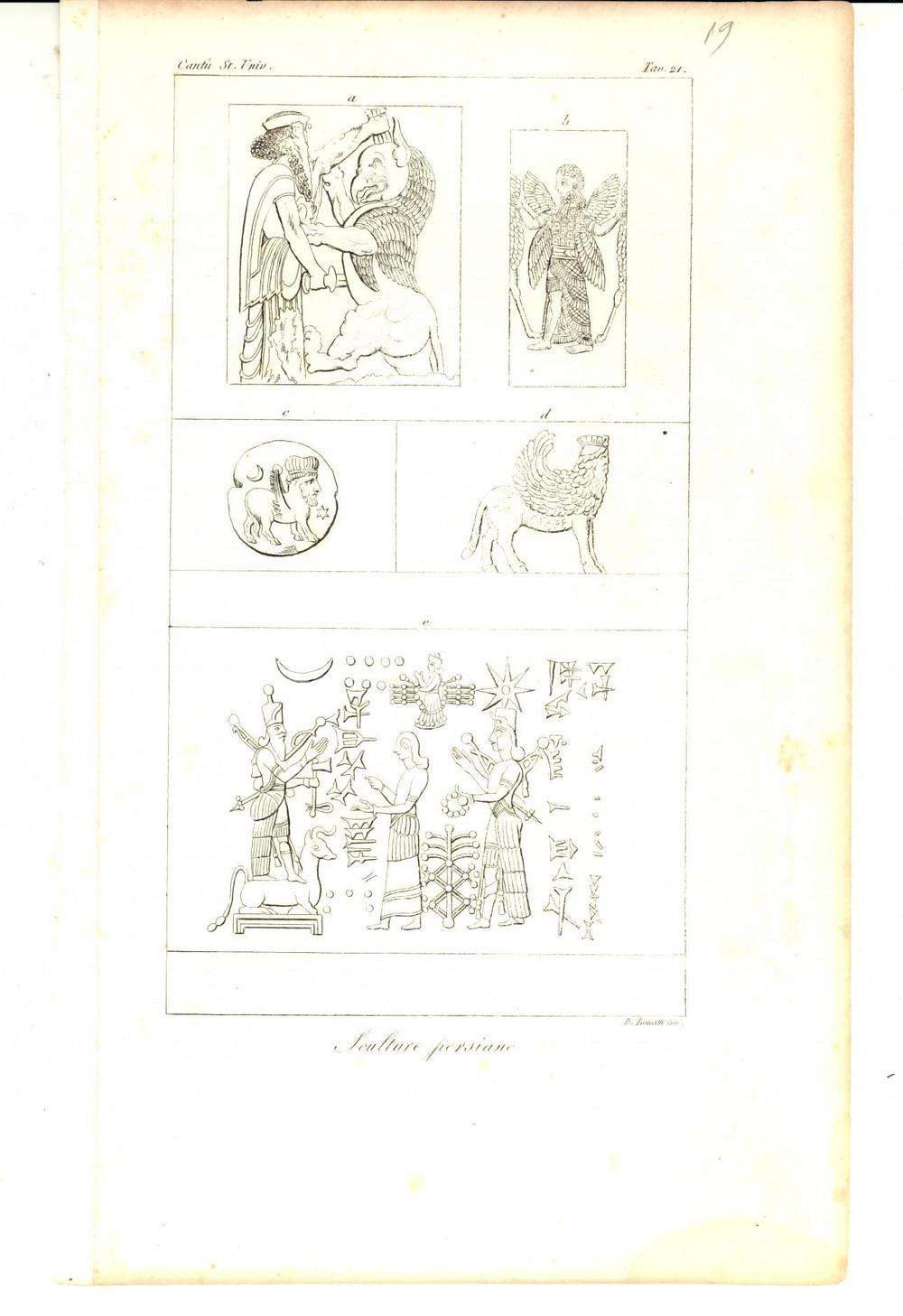 Stampa, bozzetto originale 1845 Cesare CANTU  Sculture persiane Stampa da Storia Universale 14x23 cm 1