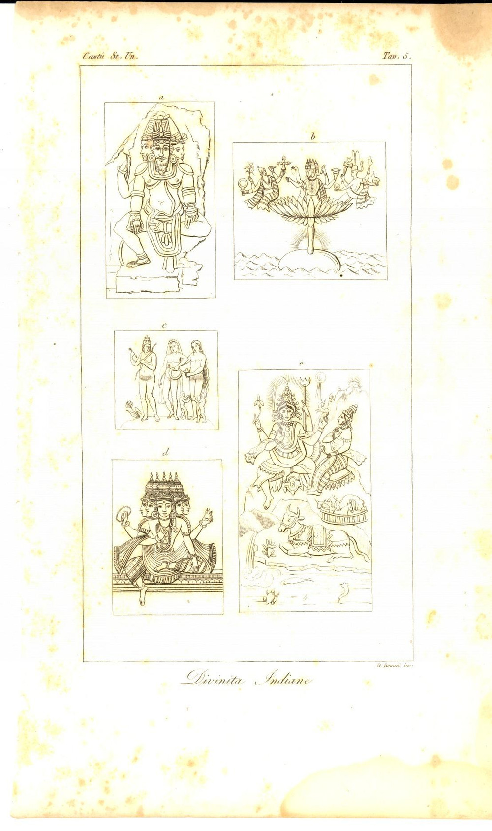 Stampa, bozzetto originale 1845 Cesare CANTU  DivinitÃ  indiane Stampa da Storia Universale 14x23 cm 1