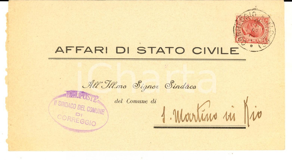 Documento originale, autentico 1926 STORIA POSTALE CORREGGIO Fascetta AFFARI DI STATO CIVILE viaggiata 10 cent. 1