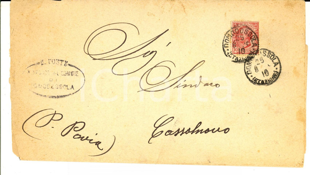 Documento originale, autentico 1910 STORIA POSTALE DOMODOSSOLA STAZIONE Fascetta viaggiata 10 cent. 1