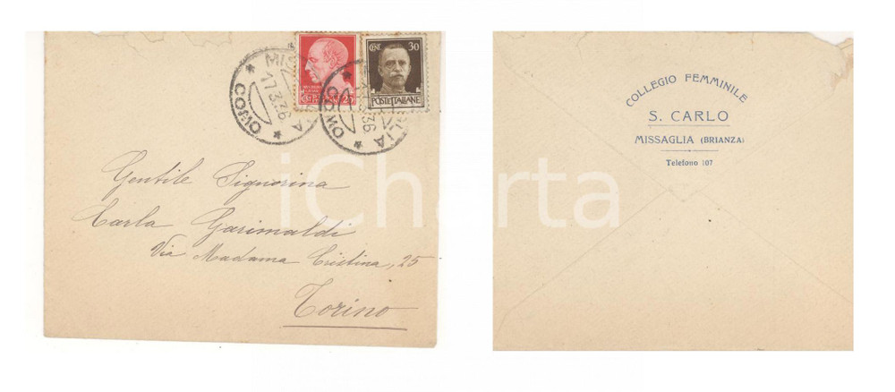 Documento originale, autentico 1936 STORIA POSTALE MISSAGLIA LC Collegio femminile SAN CARLO Busta intestata 1